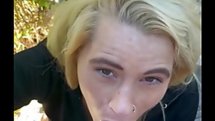 Blonde streetwalker takes a huge facial out in public during the day after a long blowjob in the back seat of a car