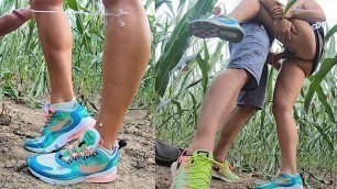 Sporty MILF Fucked + Cum Showered in Corn Field, HUGE Cumshot Legs Sneakers