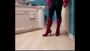 Wet look Leggings, Red Leather Jacket and Boots